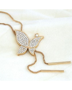 Korean Fashion Czech Rhinestone Inlaid Golden Butterfly with Tassel Design Fashion Sweater Chain/ Necklace