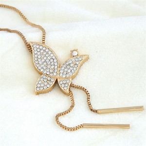 Korean Fashion Czech Rhinestone Inlaid Golden Butterfly with Tassel Design Fashion Sweater Chain/ Necklace