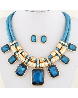 Newly High Fashion Square Glass Gem Pendants Dual Layers Rope Necklace and Earrings Set - Blue