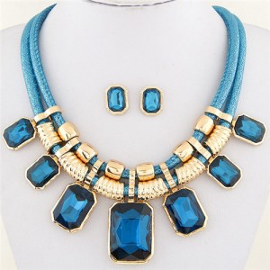Newly High Fashion Square Glass Gem Pendants Dual Layers Rope Necklace and Earrings Set - Blue
