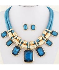 Newly High Fashion Square Glass Gem Pendants Dual Layers Rope Necklace and Earrings Set - Blue
