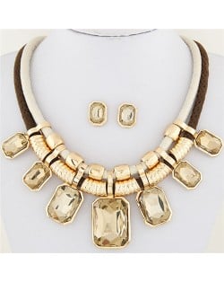 Newly High Fashion Square Glass Gem Pendants Dual Layers Rope Necklace and Earrings Set - Brown