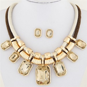 Newly High Fashion Square Glass Gem Pendants Dual Layers Rope Necklace and Earrings Set - Brown