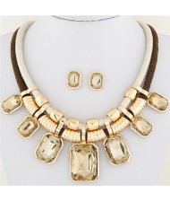 Newly High Fashion Square Glass Gem Pendants Dual Layers Rope Necklace and Earrings Set - Brown