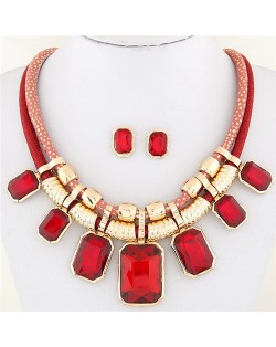 Newly High Fashion Square Glass Gem Pendants Dual Layers Rope Necklace and Earrings Set - Red