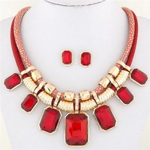 Newly High Fashion Square Glass Gem Pendants Dual Layers Rope Necklace and Earrings Set - Red