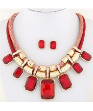 Newly High Fashion Square Glass Gem Pendants Dual Layers Rope Necklace and Earrings Set - Red