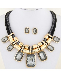 Newly High Fashion Square Glass Gem Pendants Dual Layers Rope Necklace and Earrings Set - Gray