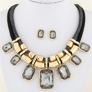 Newly High Fashion Square Glass Gem Pendants Dual Layers Rope Necklace and Earrings Set - Gray