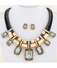 Newly High Fashion Square Glass Gem Pendants Dual Layers Rope Necklace and Earrings Set - Gray