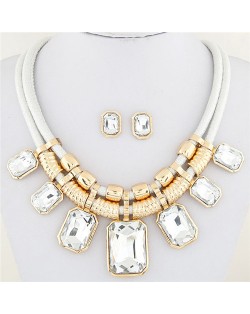 Newly High Fashion Square Glass Gem Pendants Dual Layers Rope Necklace and Earrings Set - White