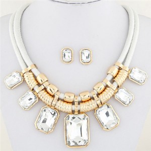 Newly High Fashion Square Glass Gem Pendants Dual Layers Rope Necklace and Earrings Set - White
