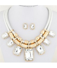 Newly High Fashion Square Glass Gem Pendants Dual Layers Rope Necklace and Earrings Set - White