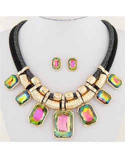 Newly High Fashion Square Glass Gem Pendants Dual Layers Rope Necklace and Earrings Set - Multicolor