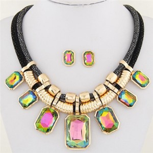 Newly High Fashion Square Glass Gem Pendants Dual Layers Rope Necklace and Earrings Set - Multicolor