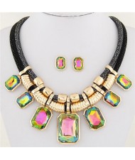 Newly High Fashion Square Glass Gem Pendants Dual Layers Rope Necklace and Earrings Set - Multicolor