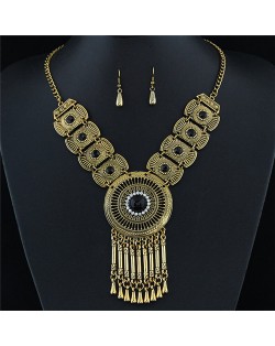 Rhinestone and Gem Inlaid Hollow Golden Round Pendant with Tassel Design Fashion Necklace and Earrings Set - Black
