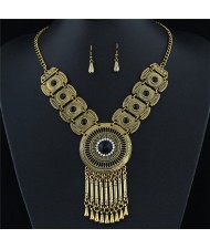 Rhinestone and Gem Inlaid Hollow Golden Round Pendant with Tassel Design Fashion Necklace and Earrings Set - Black
