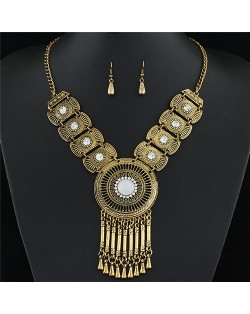 Rhinestone and Gem Inlaid Hollow Golden Round Pendant with Tassel Design Fashion Necklace and Earrings Set - White