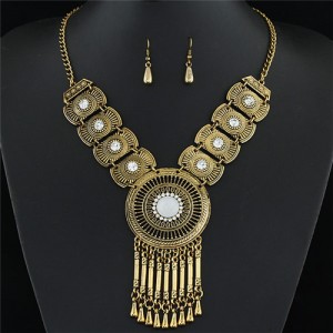 Rhinestone and Gem Inlaid Hollow Golden Round Pendant with Tassel Design Fashion Necklace and Earrings Set - White