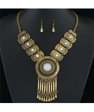 Rhinestone and Gem Inlaid Hollow Golden Round Pendant with Tassel Design Fashion Necklace and Earrings Set - White