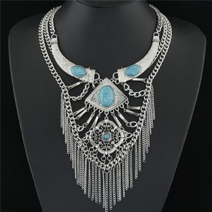 Oval Gems Decorated Arch and Floral Pattern Pendants with Alloy Chain Tassel Multi-layer Statement Fashion Necklace - Silver