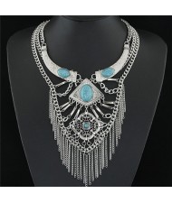 Oval Gems Decorated Arch and Floral Pattern Pendants with Alloy Chain Tassel Multi-layer Statement Fashion Necklace - Silver