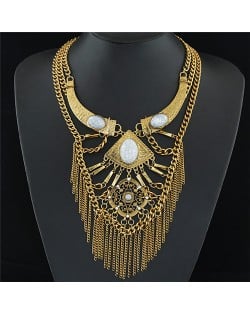 Oval Gems Decorated Arch and Floral Pattern Pendants with Alloy Chain Tassel Multi-layer Statement Fashion Necklace - Golden