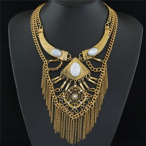 Oval Gems Decorated Arch and Floral Pattern Pendants with Alloy Chain Tassel Multi-layer Statement Fashion Necklace - Golden