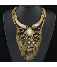 Oval Gems Decorated Arch and Floral Pattern Pendants with Alloy Chain Tassel Multi-layer Statement Fashion Necklace - Golden