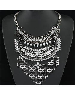 Rhinestone Array of Stars Statement Fashion Necklace - Silver