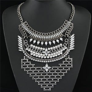 Rhinestone Array of Stars Statement Fashion Necklace - Silver