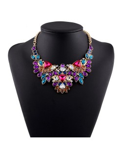 Luxurious Brightful Gems Inlaid Floral Design Golden Statement Fashion Necklace - Multicolor