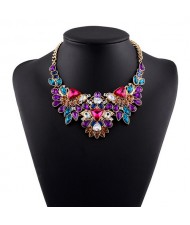 Luxurious Brightful Gems Inlaid Floral Design Golden Statement Fashion Necklace - Multicolor