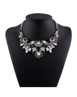 Luxurious Brightful Gems Inlaid Floral Design Silver Statement Fashion Necklace - Black