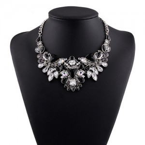 Luxurious Brightful Gems Inlaid Floral Design Silver Statement Fashion Necklace - Black
