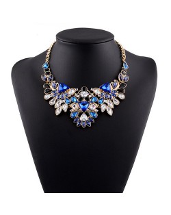 Luxurious Brightful Gems Inlaid Floral Design Golden Statement Fashion Necklace - Blue
