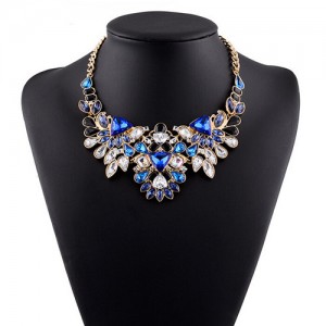 Luxurious Brightful Gems Inlaid Floral Design Golden Statement Fashion Necklace - Blue