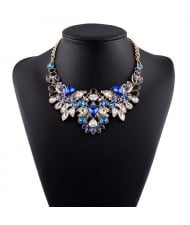 Luxurious Brightful Gems Inlaid Floral Design Golden Statement Fashion Necklace - Blue