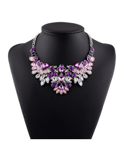 Luxurious Brightful Gems Inlaid Floral Design Silver Statement Fashion Necklace - Purple