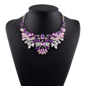 Luxurious Brightful Gems Inlaid Floral Design Silver Statement Fashion Necklace - Purple