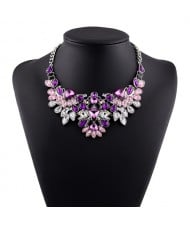 Luxurious Brightful Gems Inlaid Floral Design Silver Statement Fashion Necklace - Purple