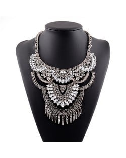 Gems Inlaid Floral Arch Pendant with Tassel Design Silver Costume Fashion Necklace - Transparent