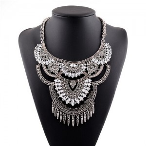 Gems Inlaid Floral Arch Pendant with Tassel Design Silver Costume Fashion Necklace - Transparent