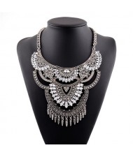 Gems Inlaid Floral Arch Pendant with Tassel Design Silver Costume Fashion Necklace - Transparent