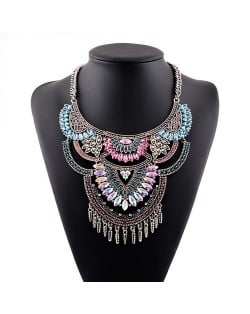Gems Inlaid Floral Arch Pendant with Tassel Design Silver Costume Fashion Necklace - Multicolor