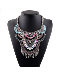 Gems Inlaid Floral Arch Pendant with Tassel Design Silver Costume Fashion Necklace - Multicolor