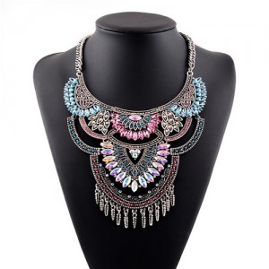 Gems Inlaid Floral Arch Pendant with Tassel Design Silver Costume Fashion Necklace - Multicolor