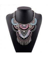 Gems Inlaid Floral Arch Pendant with Tassel Design Silver Costume Fashion Necklace - Multicolor