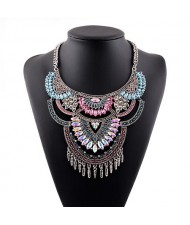 Gems Inlaid Floral Arch Pendant with Tassel Design Silver Costume Fashion Necklace - Multicolor